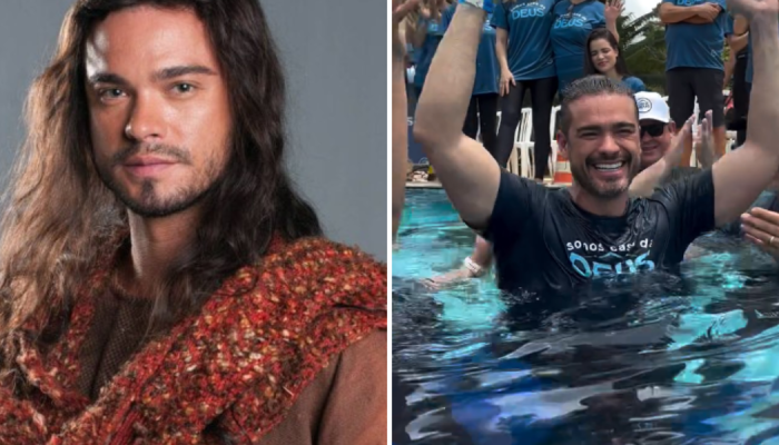 Sidney Sampaio interpretando Josué em Os Dez Mandamentos, na Record TV; e durante seu batismo na...