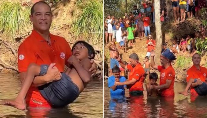 A Missão Calebe realizou um batismo em aldeia Xerente. (Foto: Reprodução/Instagram/Jeconias Ne...