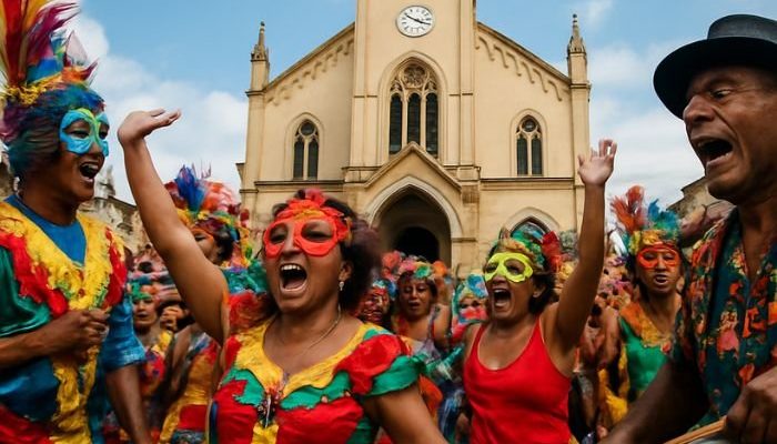Carnanval em frente a uma igreja (Foto: Canva IA)