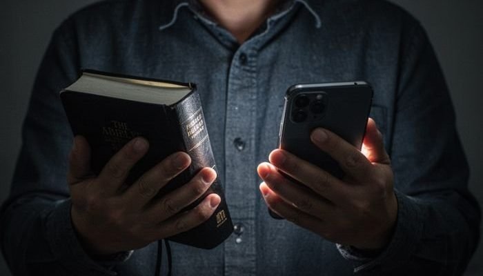 Homem segura BÃ­blia e smartphone (Foto: Canva IA)