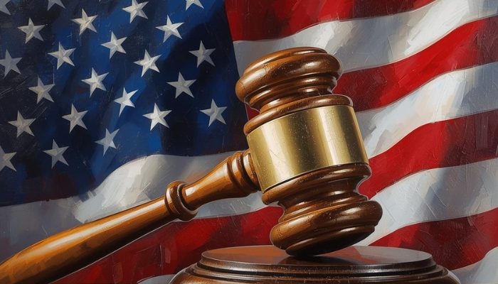 Martelo da JustiÃ§a com a bandeira dos EUA ao fundo (Foto: Folha Gospel/Canva IA)