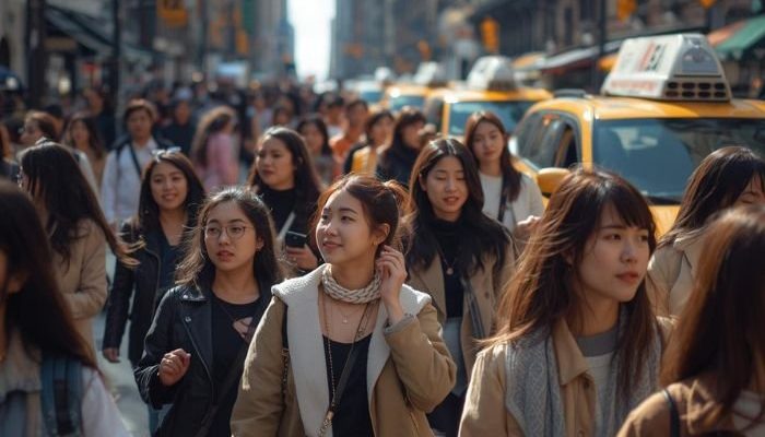 Multidão de pessoas caminhando em uma rua de Nova Iorque (Foto: Canva IA)