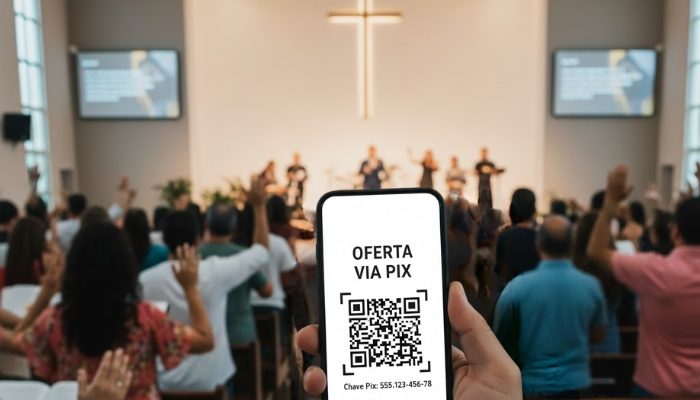 Oferta via pix em um celular durante culto em igreja (Foto: Folha Gospel/Gemini)
